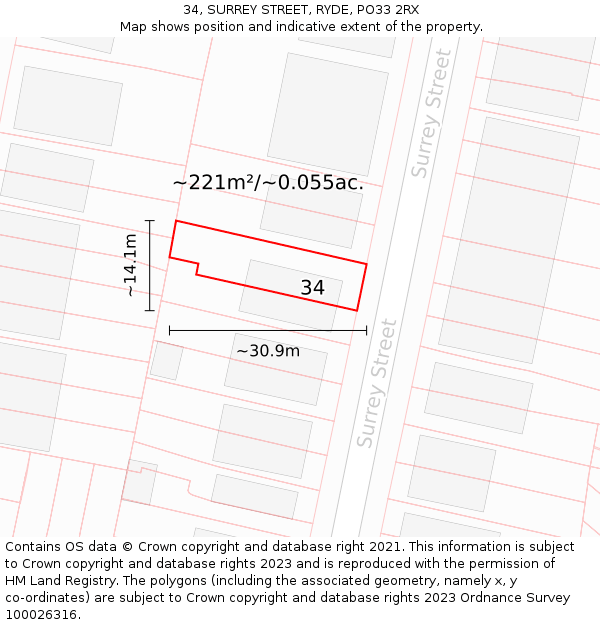 34, SURREY STREET, RYDE, PO33 2RX: Plot and title map