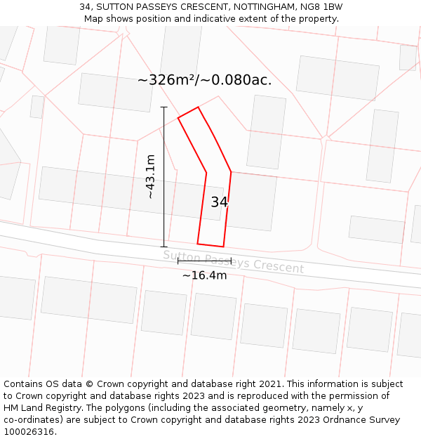34, SUTTON PASSEYS CRESCENT, NOTTINGHAM, NG8 1BW: Plot and title map