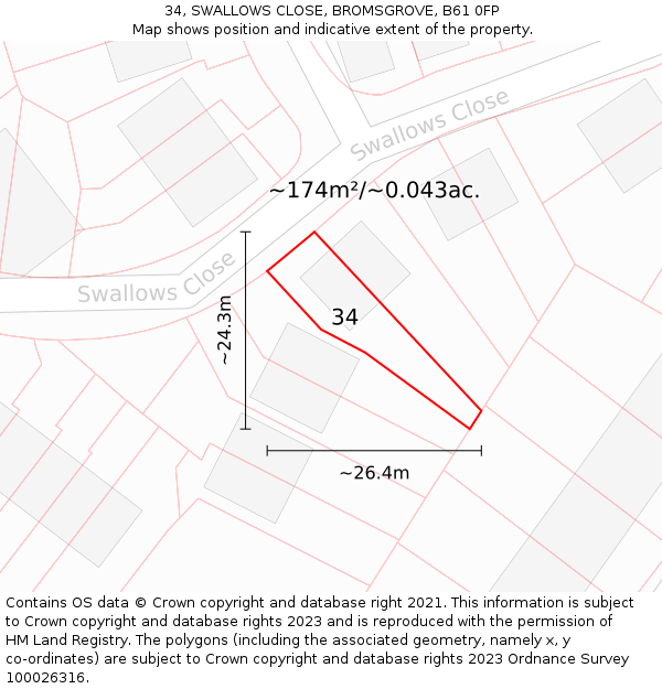 34, SWALLOWS CLOSE, BROMSGROVE, B61 0FP: Plot and title map