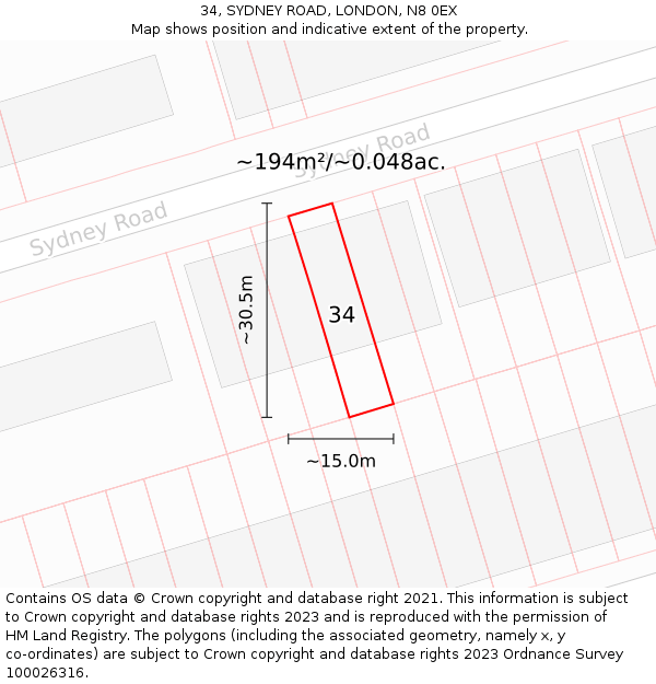 34, SYDNEY ROAD, LONDON, N8 0EX: Plot and title map