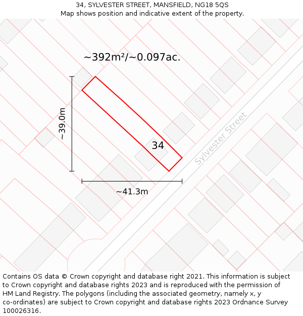 34, SYLVESTER STREET, MANSFIELD, NG18 5QS: Plot and title map