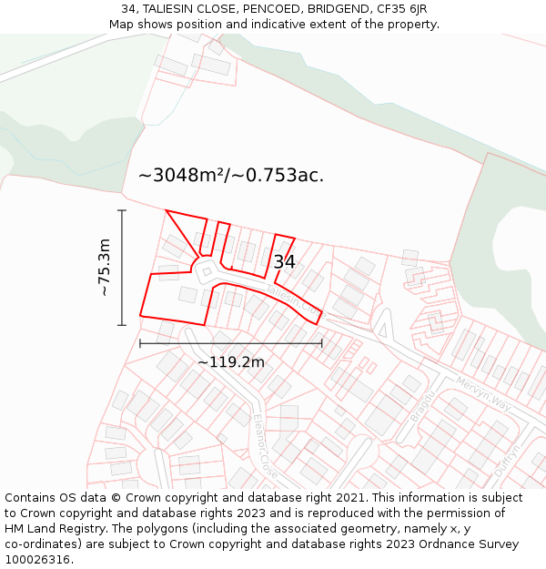 34, TALIESIN CLOSE, PENCOED, BRIDGEND, CF35 6JR: Plot and title map