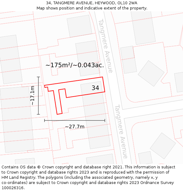 34, TANGMERE AVENUE, HEYWOOD, OL10 2WA: Plot and title map