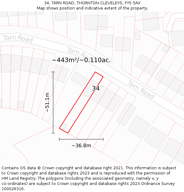 34, TARN ROAD, THORNTON-CLEVELEYS, FY5 5AX: Plot and title map