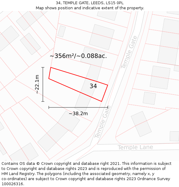 34, TEMPLE GATE, LEEDS, LS15 0PL: Plot and title map