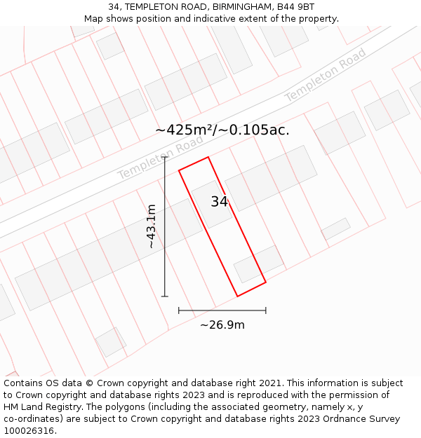 34, TEMPLETON ROAD, BIRMINGHAM, B44 9BT: Plot and title map