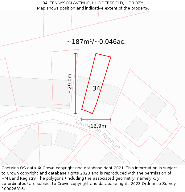 34, TENNYSON AVENUE, HUDDERSFIELD, HD3 3ZY: Plot and title map