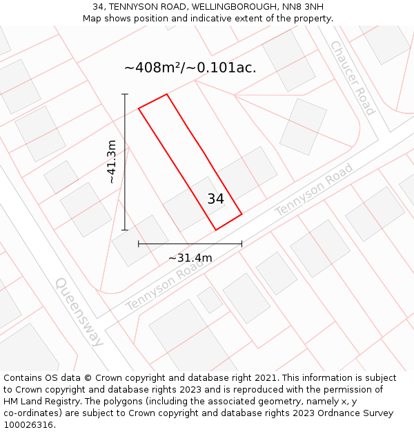 34, TENNYSON ROAD, WELLINGBOROUGH, NN8 3NH: Plot and title map