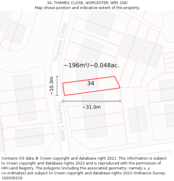 34, THAMES CLOSE, WORCESTER, WR5 1ND: Plot and title map