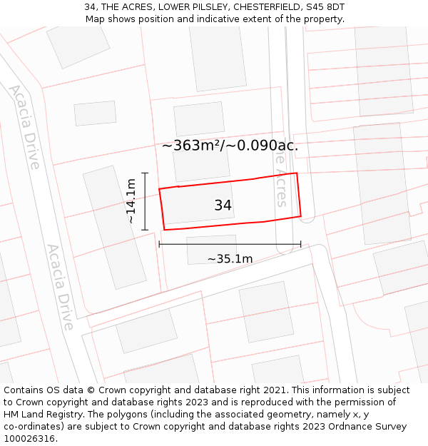 34, THE ACRES, LOWER PILSLEY, CHESTERFIELD, S45 8DT: Plot and title map