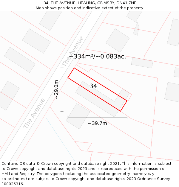 34, THE AVENUE, HEALING, GRIMSBY, DN41 7NE: Plot and title map