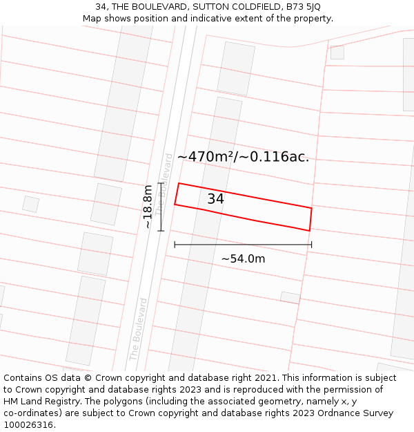 34, THE BOULEVARD, SUTTON COLDFIELD, B73 5JQ: Plot and title map