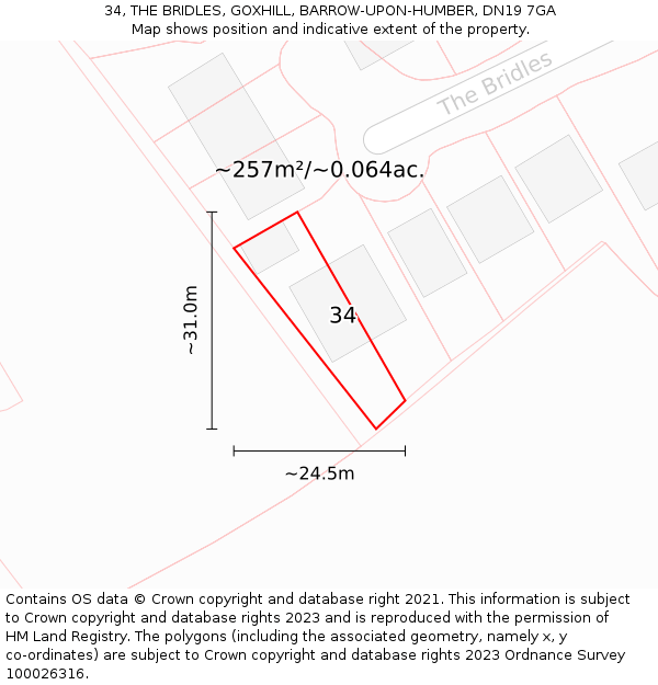 34, THE BRIDLES, GOXHILL, BARROW-UPON-HUMBER, DN19 7GA: Plot and title map