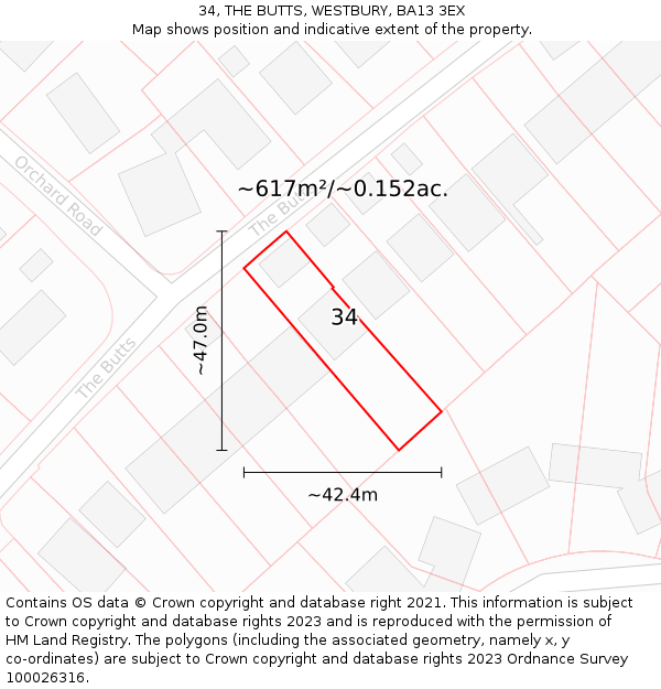 34, THE BUTTS, WESTBURY, BA13 3EX: Plot and title map