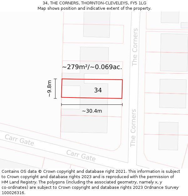 34, THE CORNERS, THORNTON-CLEVELEYS, FY5 1LG: Plot and title map