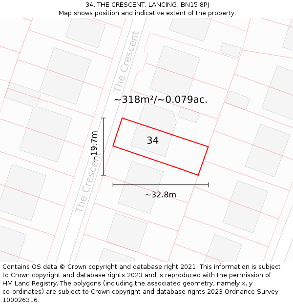 34, THE CRESCENT, LANCING, BN15 8PJ: Plot and title map
