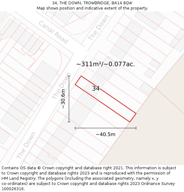 34, THE DOWN, TROWBRIDGE, BA14 8QW: Plot and title map