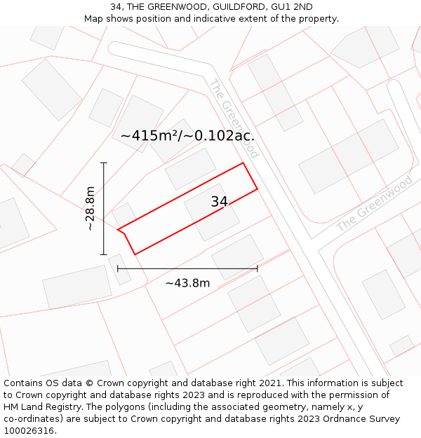 34, THE GREENWOOD, GUILDFORD, GU1 2ND: Plot and title map