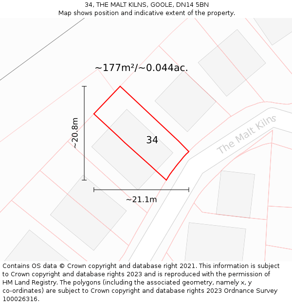 34, THE MALT KILNS, GOOLE, DN14 5BN: Plot and title map