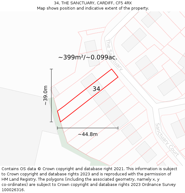 34, THE SANCTUARY, CARDIFF, CF5 4RX: Plot and title map