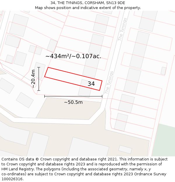 34, THE TYNINGS, CORSHAM, SN13 9DE: Plot and title map