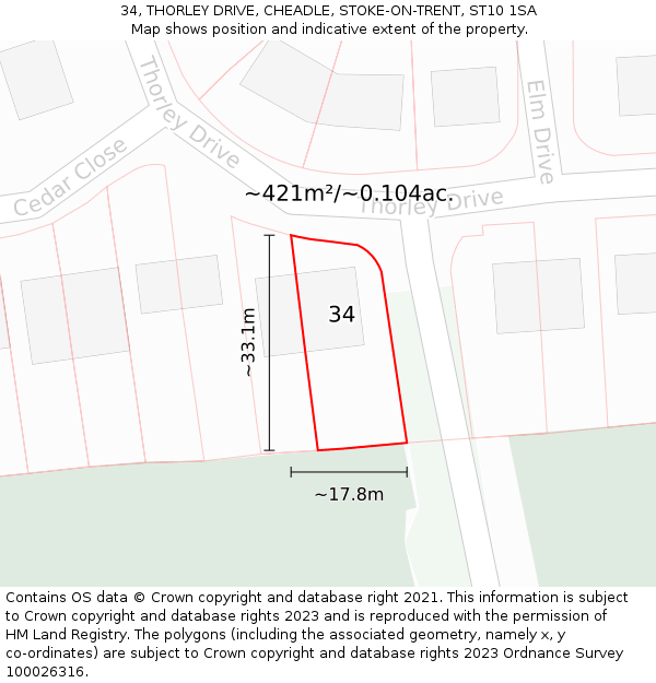 34, THORLEY DRIVE, CHEADLE, STOKE-ON-TRENT, ST10 1SA: Plot and title map