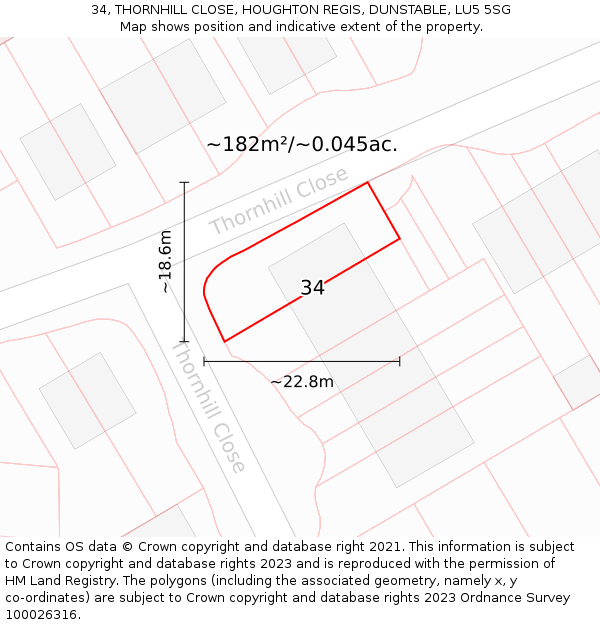 34, THORNHILL CLOSE, HOUGHTON REGIS, DUNSTABLE, LU5 5SG: Plot and title map