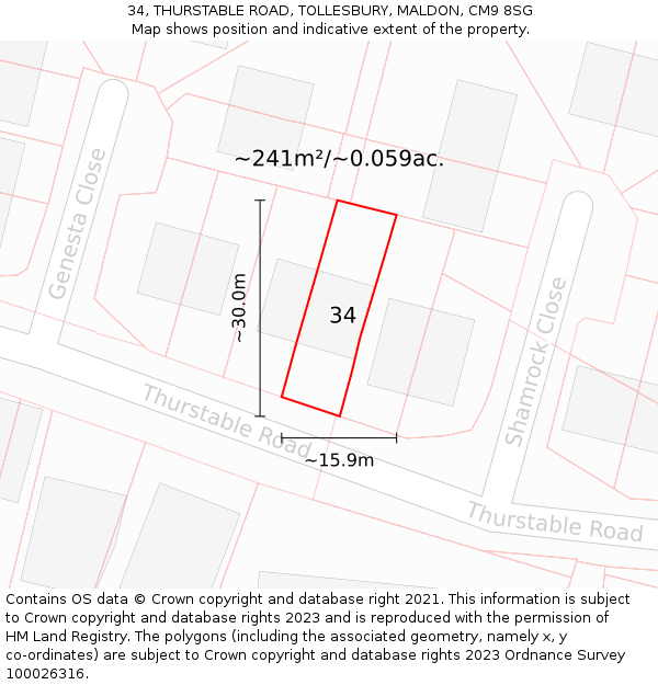 34, THURSTABLE ROAD, TOLLESBURY, MALDON, CM9 8SG: Plot and title map