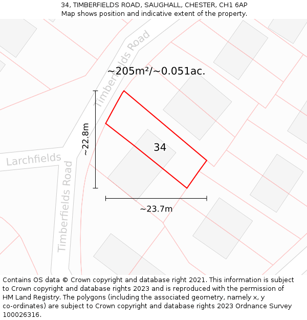 34, TIMBERFIELDS ROAD, SAUGHALL, CHESTER, CH1 6AP: Plot and title map