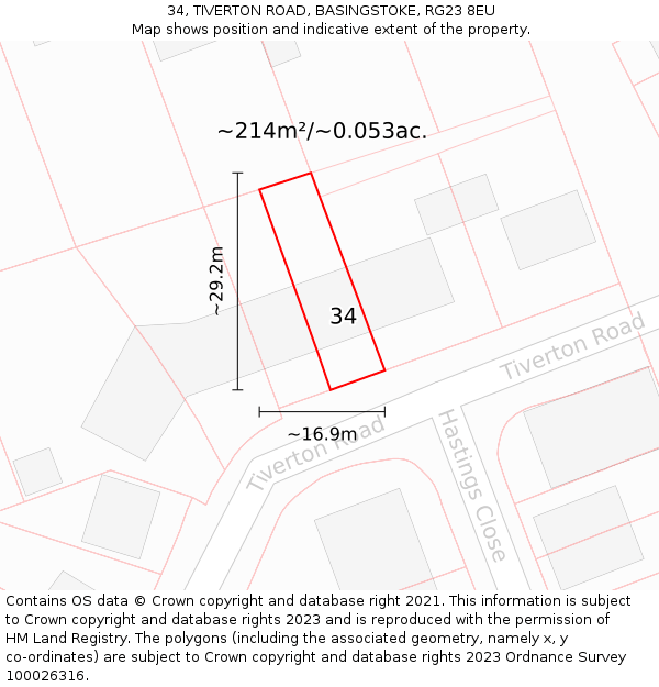 34, TIVERTON ROAD, BASINGSTOKE, RG23 8EU: Plot and title map