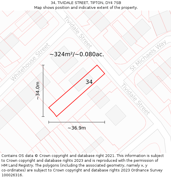 34, TIVIDALE STREET, TIPTON, DY4 7SB: Plot and title map