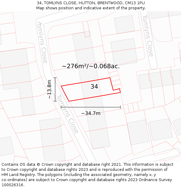 34, TOMLYNS CLOSE, HUTTON, BRENTWOOD, CM13 1PU: Plot and title map
