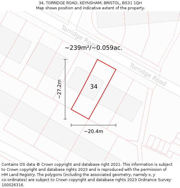 34, TORRIDGE ROAD, KEYNSHAM, BRISTOL, BS31 1QH: Plot and title map