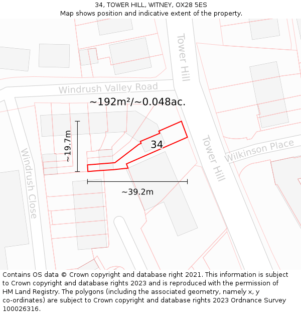 34, TOWER HILL, WITNEY, OX28 5ES: Plot and title map