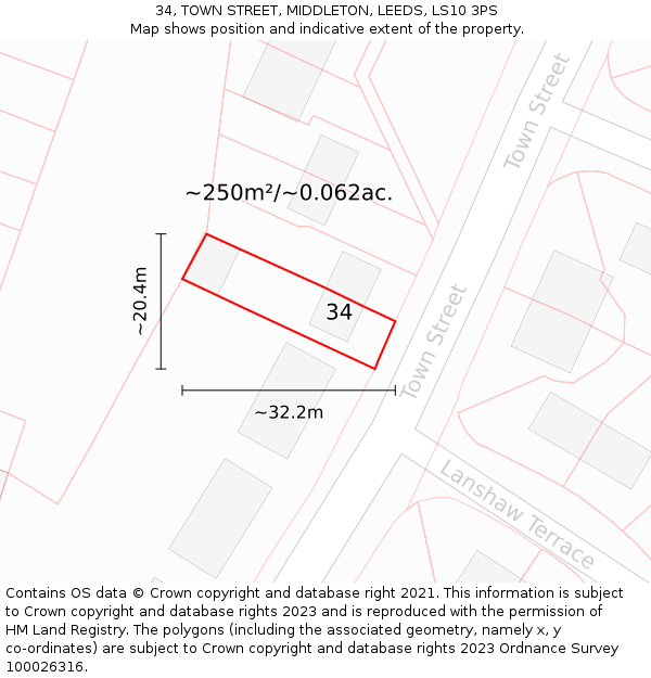 34, TOWN STREET, MIDDLETON, LEEDS, LS10 3PS: Plot and title map