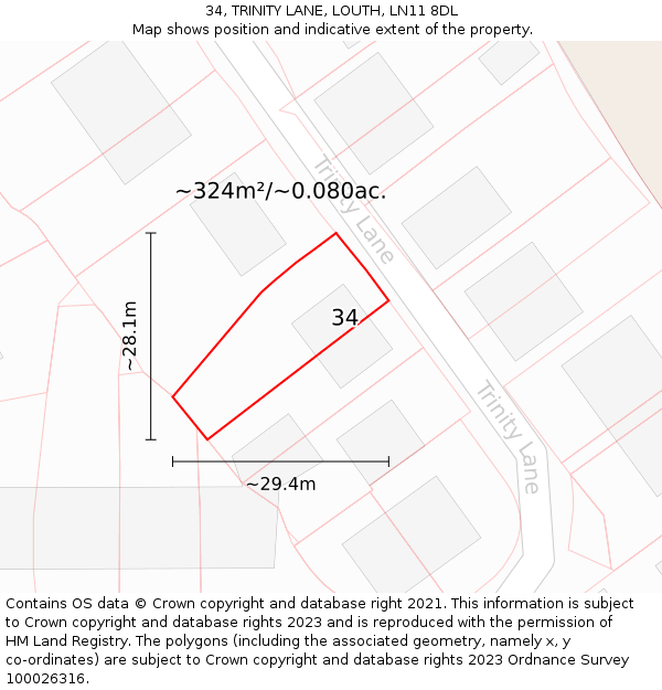 34, TRINITY LANE, LOUTH, LN11 8DL: Plot and title map