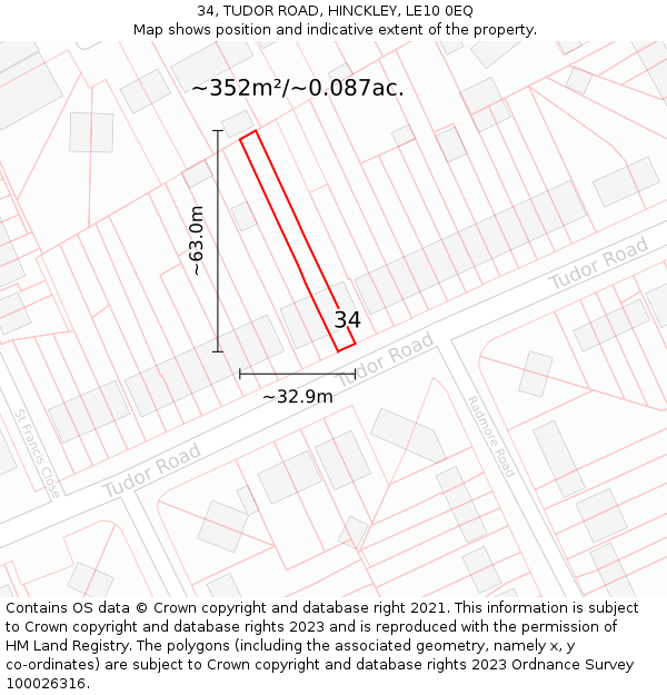 34, TUDOR ROAD, HINCKLEY, LE10 0EQ: Plot and title map