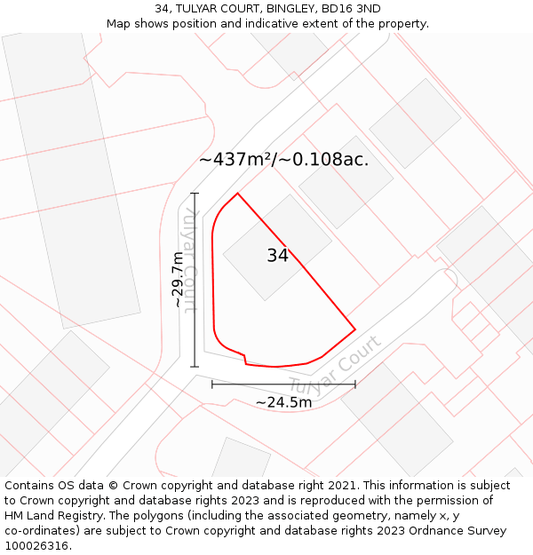 34, TULYAR COURT, BINGLEY, BD16 3ND: Plot and title map