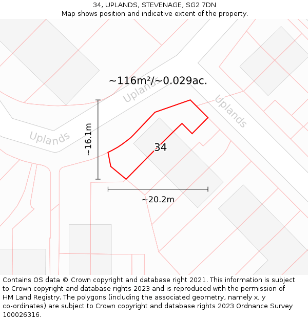 34, UPLANDS, STEVENAGE, SG2 7DN: Plot and title map