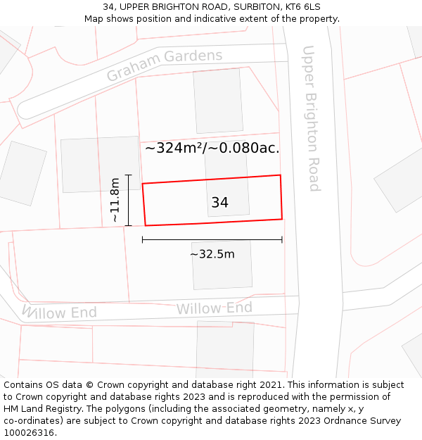 34, UPPER BRIGHTON ROAD, SURBITON, KT6 6LS: Plot and title map