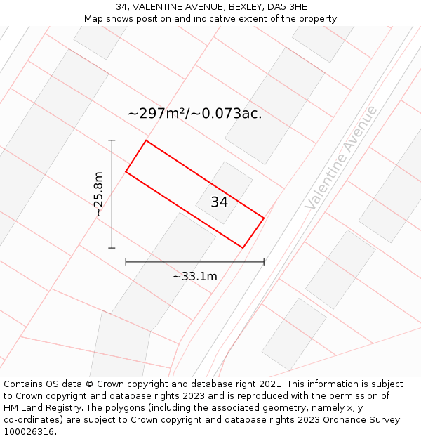 34, VALENTINE AVENUE, BEXLEY, DA5 3HE: Plot and title map