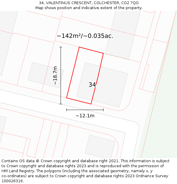 34, VALENTINUS CRESCENT, COLCHESTER, CO2 7QG: Plot and title map