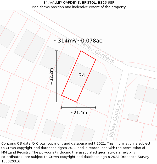 34, VALLEY GARDENS, BRISTOL, BS16 6SF: Plot and title map