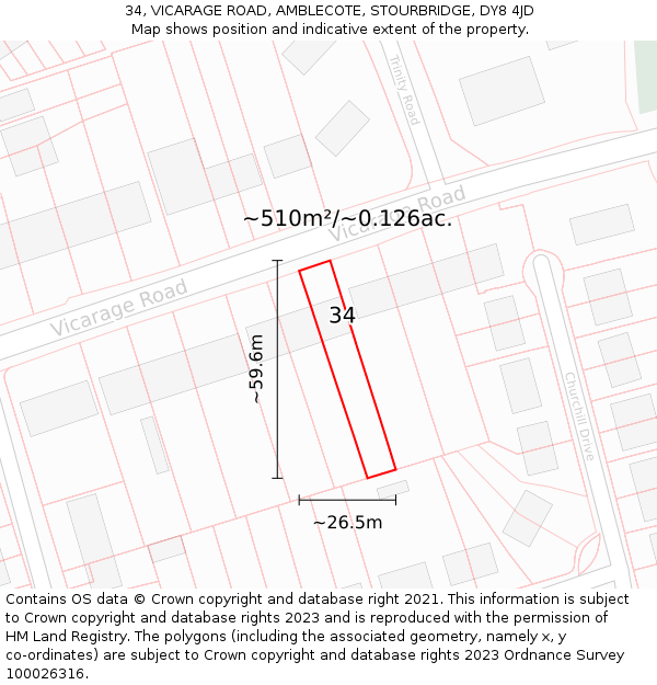34, VICARAGE ROAD, AMBLECOTE, STOURBRIDGE, DY8 4JD: Plot and title map