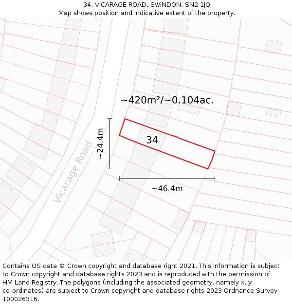 34, VICARAGE ROAD, SWINDON, SN2 1JQ: Plot and title map