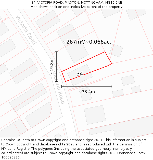 34, VICTORIA ROAD, PINXTON, NOTTINGHAM, NG16 6NE: Plot and title map