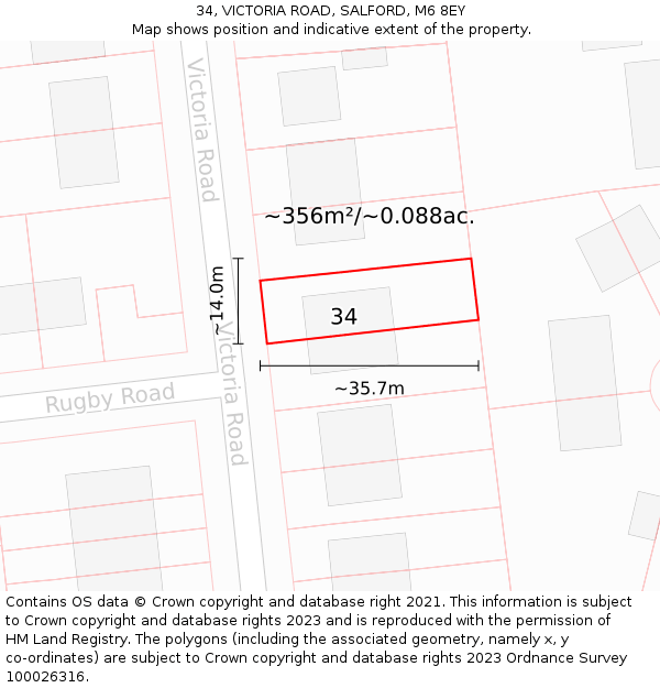 34, VICTORIA ROAD, SALFORD, M6 8EY: Plot and title map