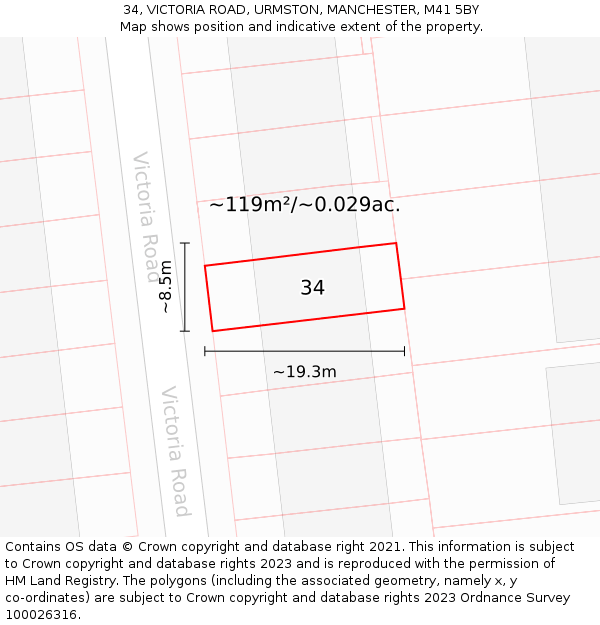 34, VICTORIA ROAD, URMSTON, MANCHESTER, M41 5BY: Plot and title map