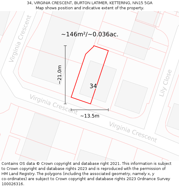 34, VIRGINIA CRESCENT, BURTON LATIMER, KETTERING, NN15 5GA: Plot and title map