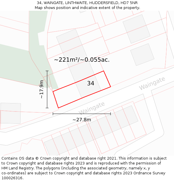 34, WAINGATE, LINTHWAITE, HUDDERSFIELD, HD7 5NR: Plot and title map